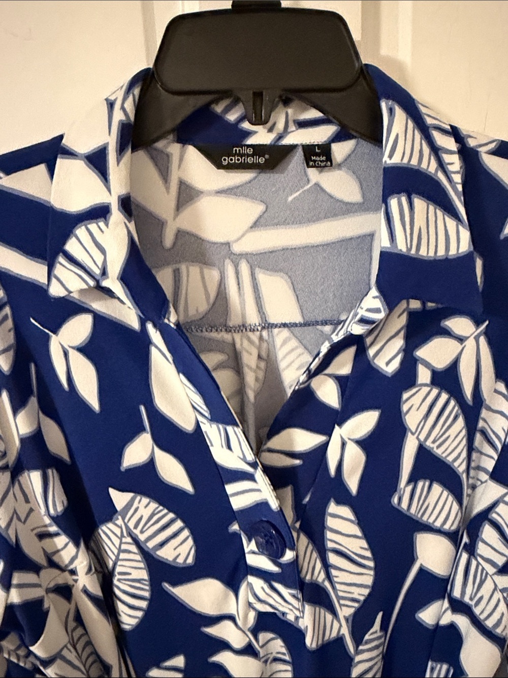 Mlle Gabrielle Royal Blue & White Leaf Print Belted Shirt Dress 3/4 Sleeve Large - Picture 5 of 7